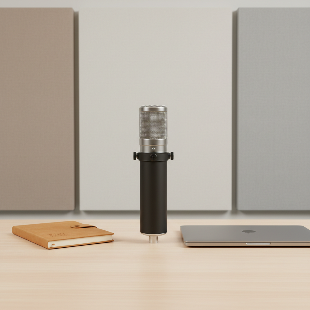 A polished, high-fidelity microphone with a stainless steel mesh grille and matte black body set on a minimalistic, tidy studio table. The table holds a lightly textured leather-bound journal and a closed silver laptop, organized in a grid-like fashion. The setting includes a soft, neutral backdrop—think off-white, taupe, and light gray tones—accented by subtle wall-mounted acoustic panels. The lighting is clean and evenly distributed, emulating professional studio conditions, with delicate highlights on the microphone. Captured with a slightly elevated angle for an organized, crisp, and inviting mood, and a photographic, corporate style suited for a music professional’s online showcase.