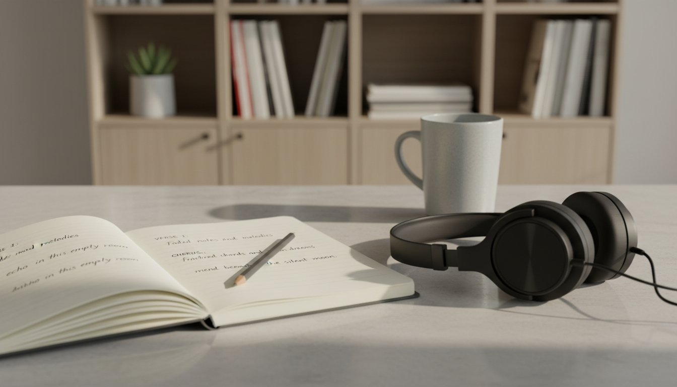 A stylish, open notebook with handwritten song lyrics and neatly placed graphite pencil arranged on a smooth, light stone surface. Scattered nearby are a pair of studio-grade over-ear headphones with matte black finishes and a slim, pastel-grey ceramic mug. The environment is a quiet, modern home music workspace with a background of softly blurred, modular shelving and neutral décor. Indirect, soft artificial lighting casts gentle, balanced shadows, creating a tranquil, focused atmosphere. The composition follows the rule of thirds, with sharp focus on the lyrics, evoking a sense of creativity and professionalism within a clean, photographic aesthetic ideal for a songwriter’s biography or news section.